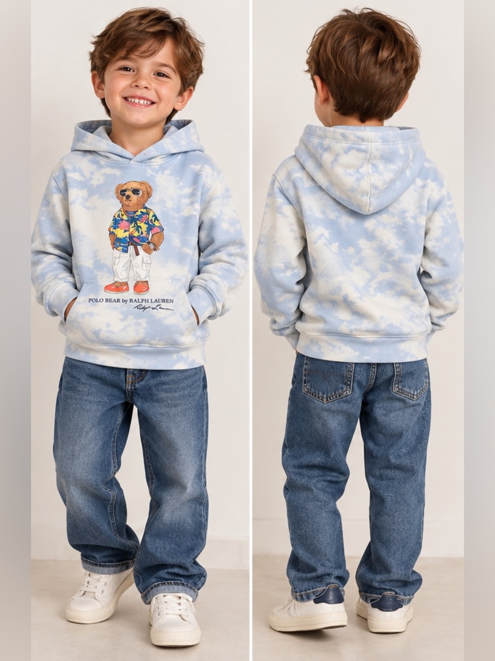 Polo Ralph Lauren Iconic Bear Tie-Dye Unisex Hoodie - Light Blue Size 6
